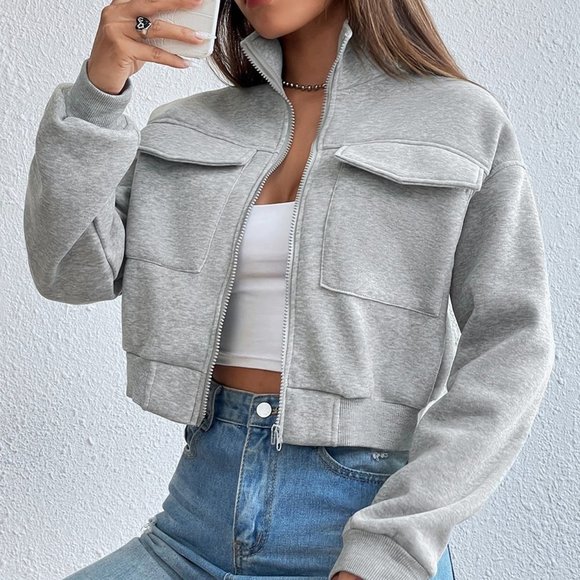 . Tops - Grey Casual Womens Solid Zip Up Drop Shoulder Sweatshirt